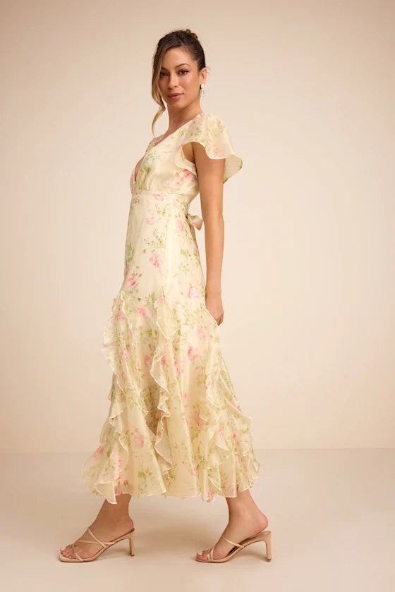 V-Neck Chiffon Open Back Midi Prom Dress - Chloe Dress
