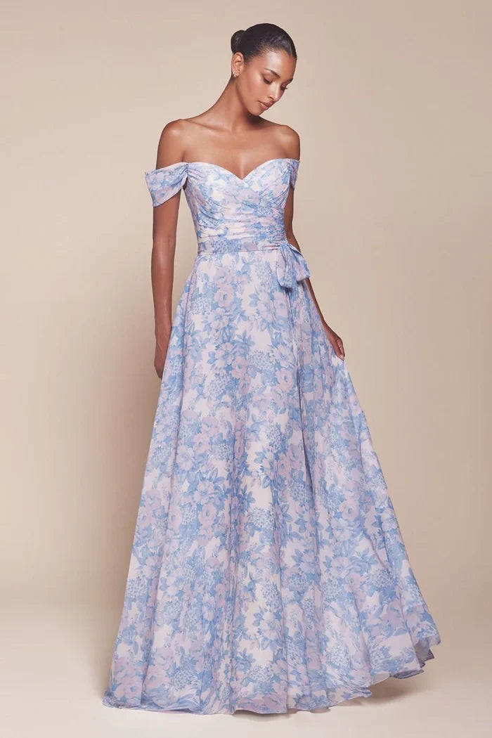 A-Line Off-Shoulder Chiffon Cap Sleeve Ruffled Floor-Length Prom Dress - Chloe Dress
