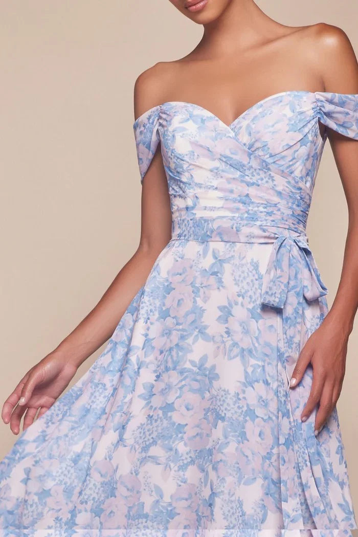 A-Line Off-Shoulder Chiffon Cap Sleeve Ruffled Floor-Length Prom Dress - Chloe Dress