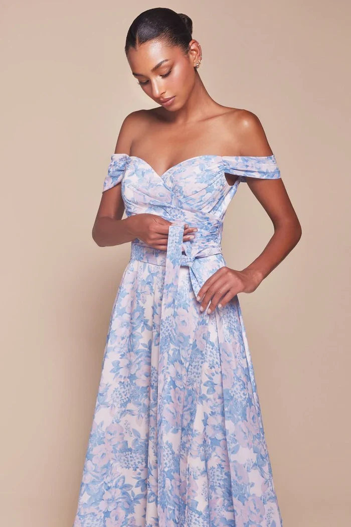 A-Line Off-Shoulder Chiffon Cap Sleeve Ruffled Floor-Length Prom Dress - Chloe Dress
