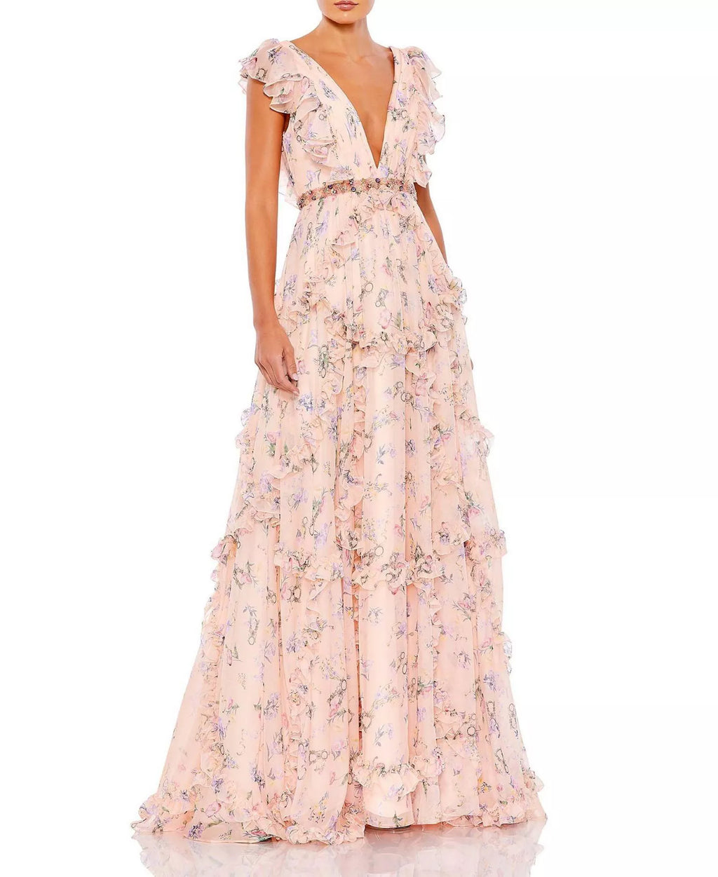 V-Neck Cap Sleeve Ruffled Floor-Length Prom Dress - Chloe Dress