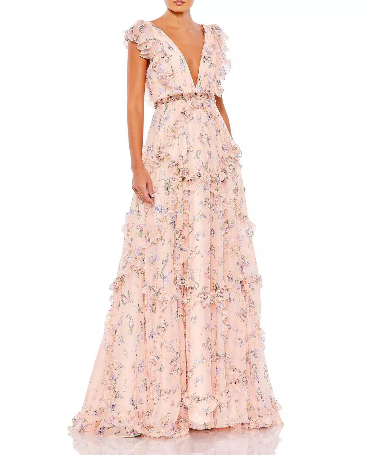 V-Neck Cap Sleeve Ruffled Floor-Length Prom Dress - Chloe Dress