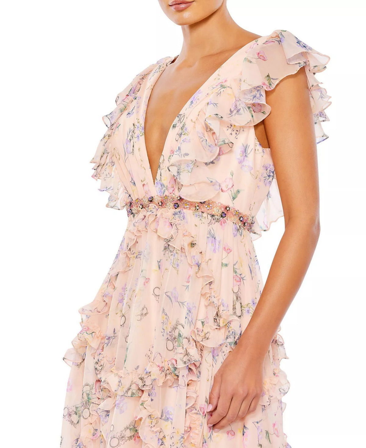 V-Neck Cap Sleeve Ruffled Floor-Length Prom Dress - Chloe Dress