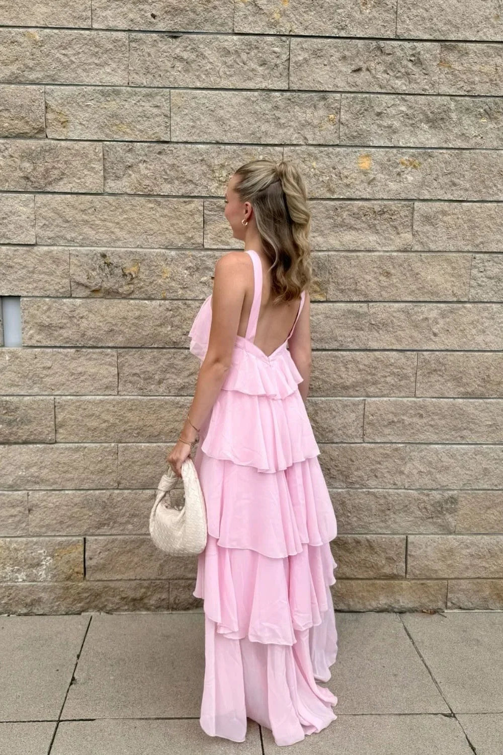 Halter Chiffon Open Back Ruffled Floor-Length Prom Dress - Chloe Dress