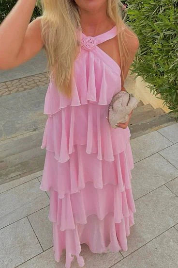 Halter Chiffon Open Back Ruffled Floor-Length Prom Dress - Chloe Dress