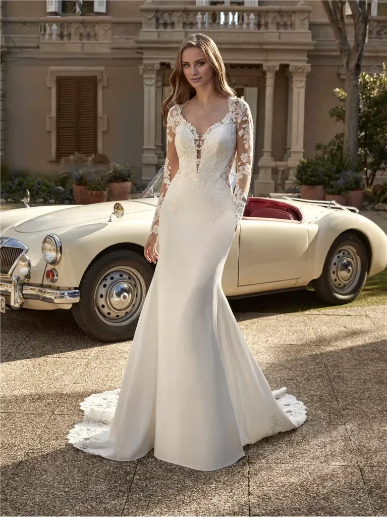 Mermaid V-Neck Lace Long Sleeve Open Back Floor-Length Wedding Dress - Chloe Dress