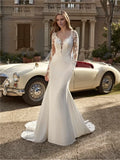 Mermaid V-Neck Lace Long Sleeve Open Back Floor-Length Wedding Dress - Chloe Dress