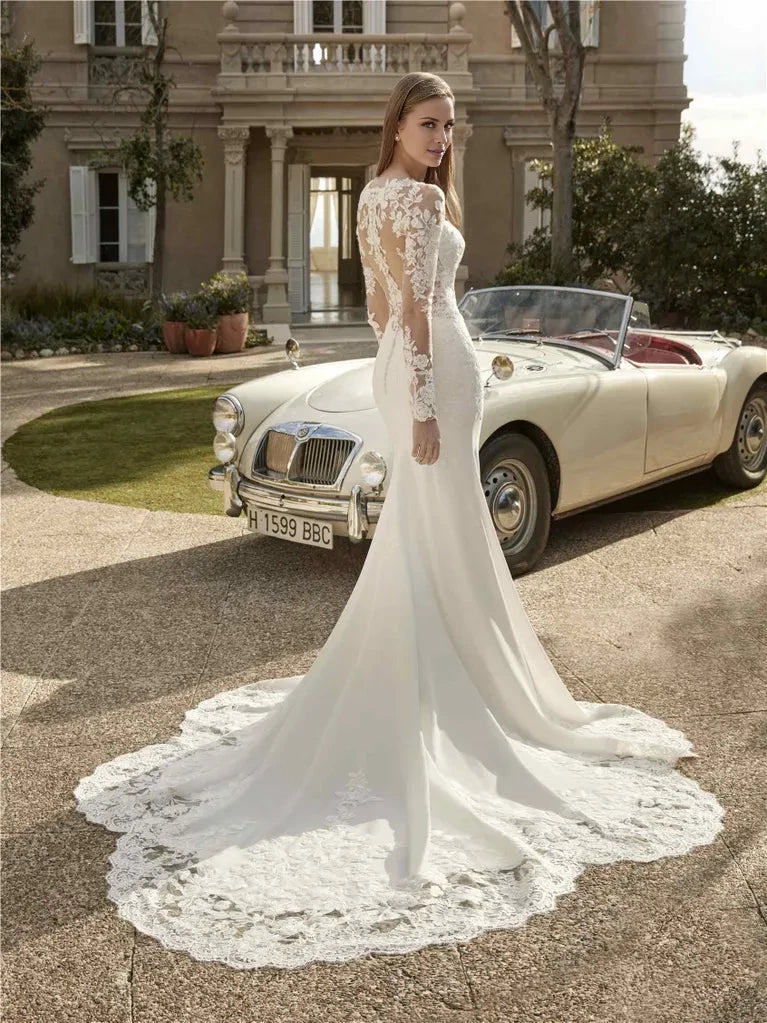 Mermaid V-Neck Lace Long Sleeve Open Back Floor-Length Wedding Dress - Chloe Dress