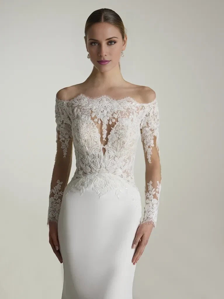 Mermaid Off-Shoulder Lace Long Sleeve Floor-Length Wedding Dress - Chloe Dress