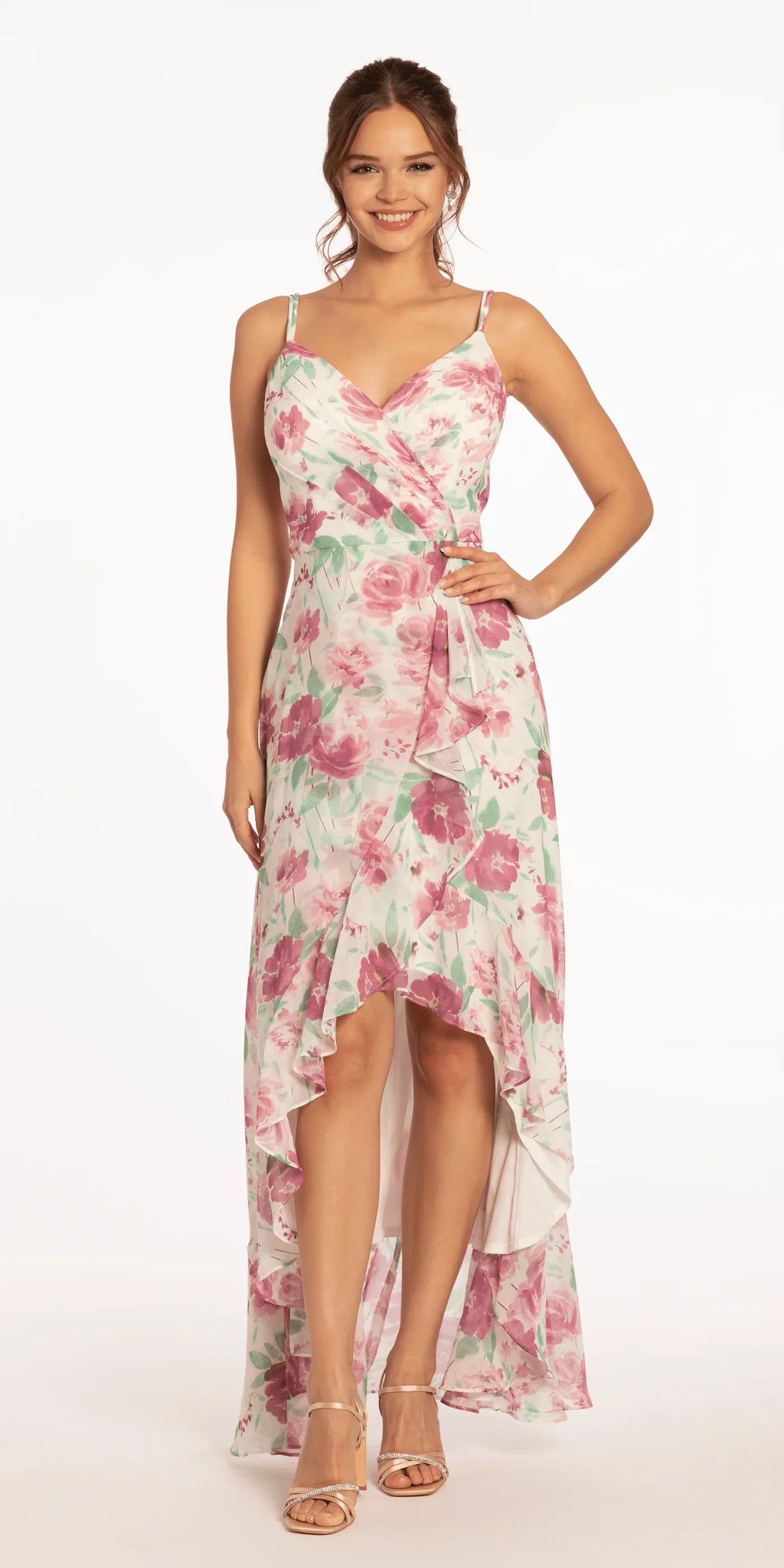 Pink V-Neck Chiffon Ruffled Wedding Dress - Chloe Dress