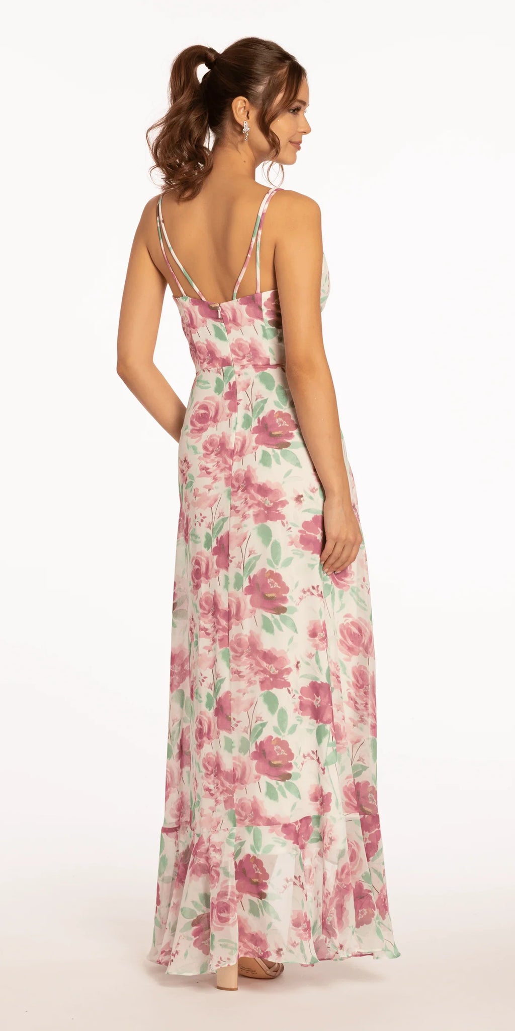Pink V-Neck Chiffon Ruffled Wedding Dress - Chloe Dress