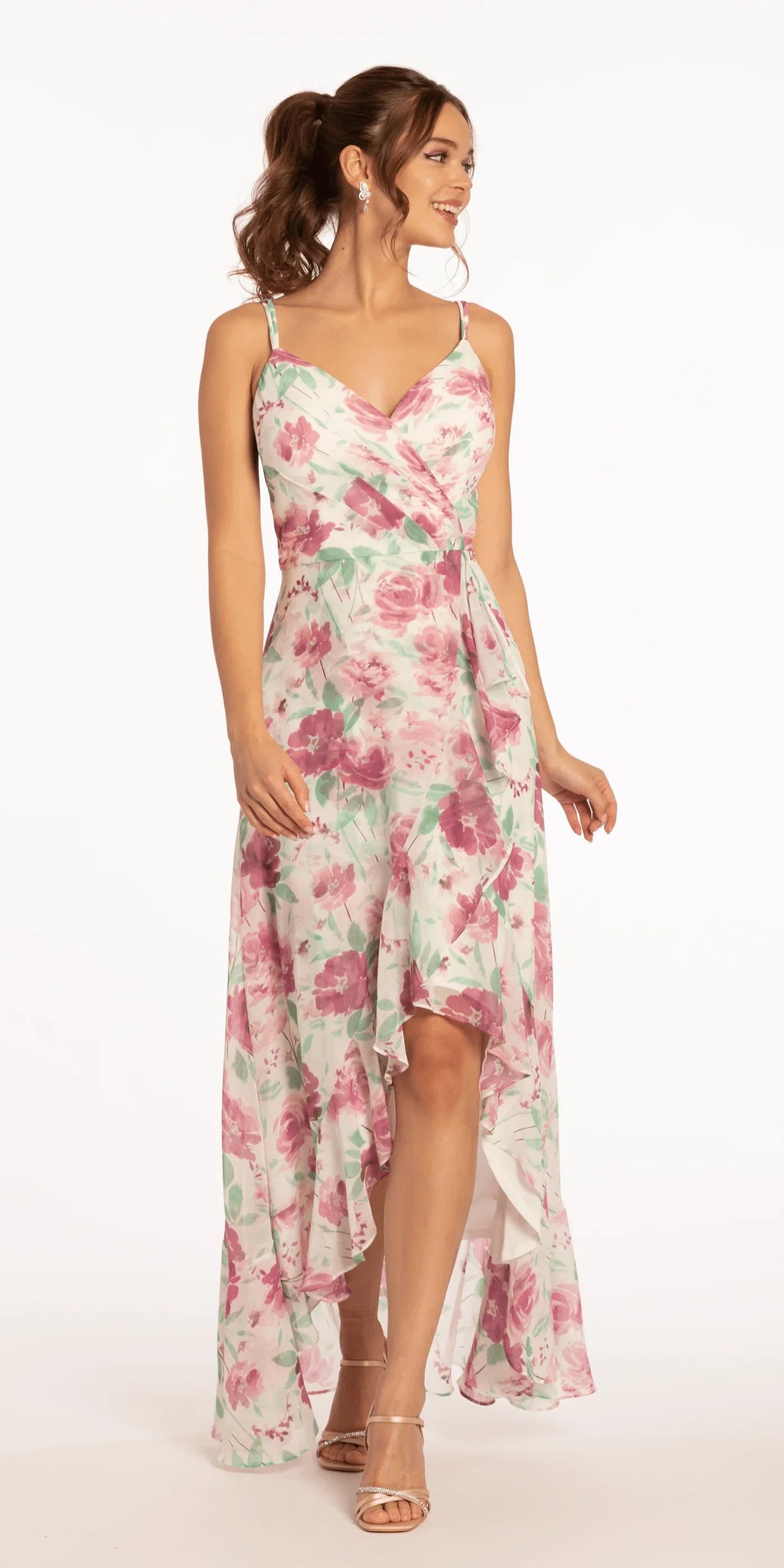 Pink V-Neck Chiffon Ruffled Wedding Dress - Chloe Dress