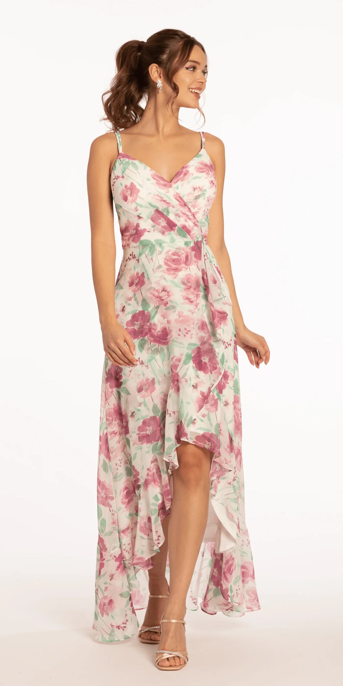 Pink V-Neck Chiffon Ruffled Wedding Dress - Chloe Dress