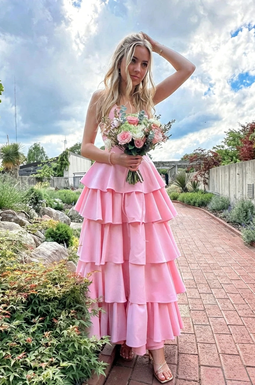 Pink A-Line V-Neck Tiered Floor-Length Evening Dress - Chloe Dress