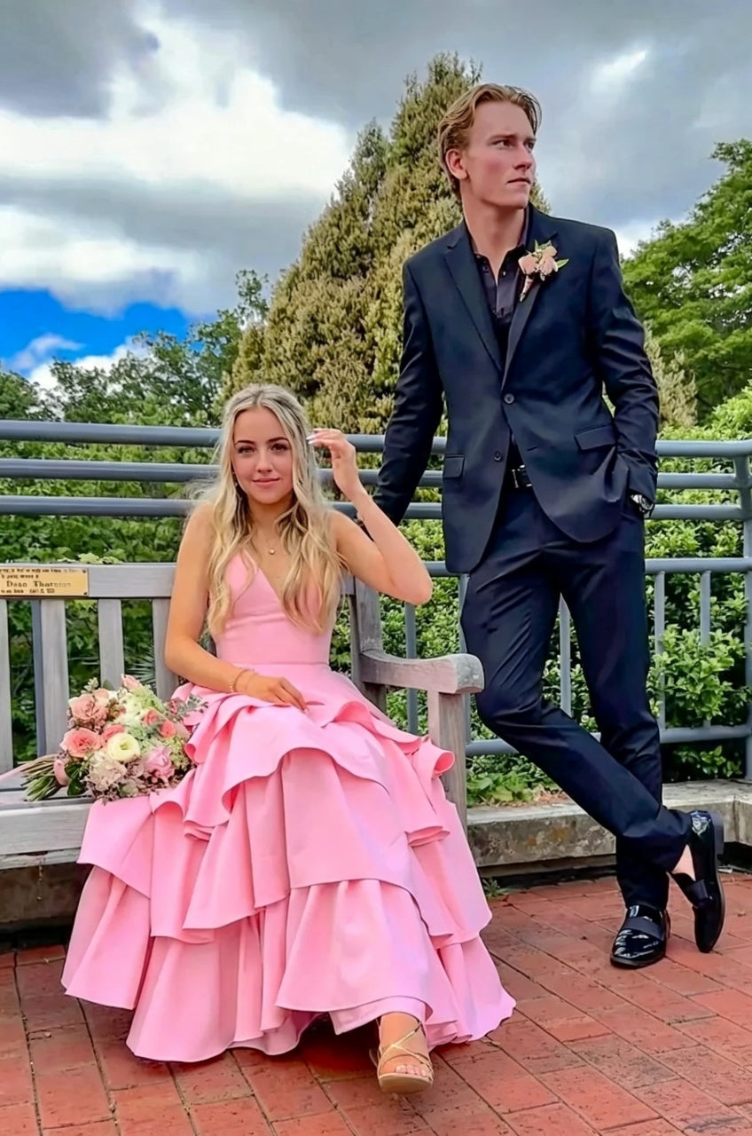 Pink A-Line V-Neck Tiered Floor-Length Evening Dress - Chloe Dress