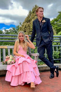 Pink A-Line V-Neck Tiered Floor-Length Evening Dress - Chloe Dress