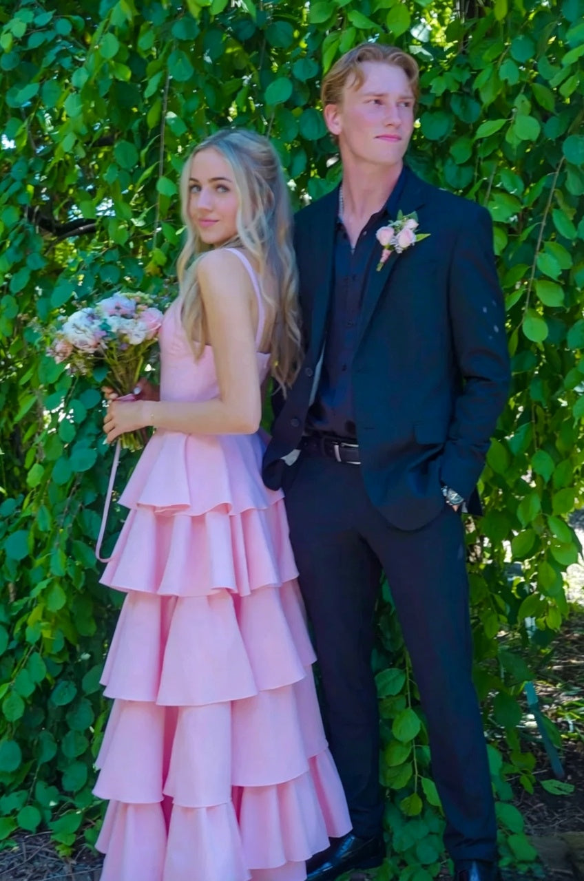 Pink A-Line V-Neck Tiered Floor-Length Evening Dress - Chloe Dress