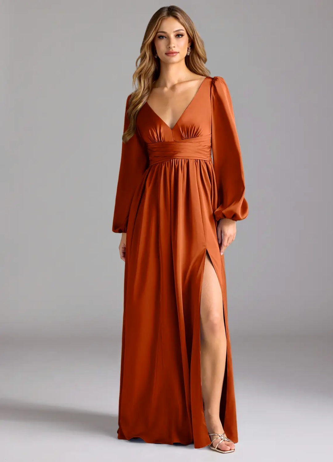 Empire Waist V-Neck Satin Open Back High Slit Floor-Length Wedding Dress - Chloe Dress