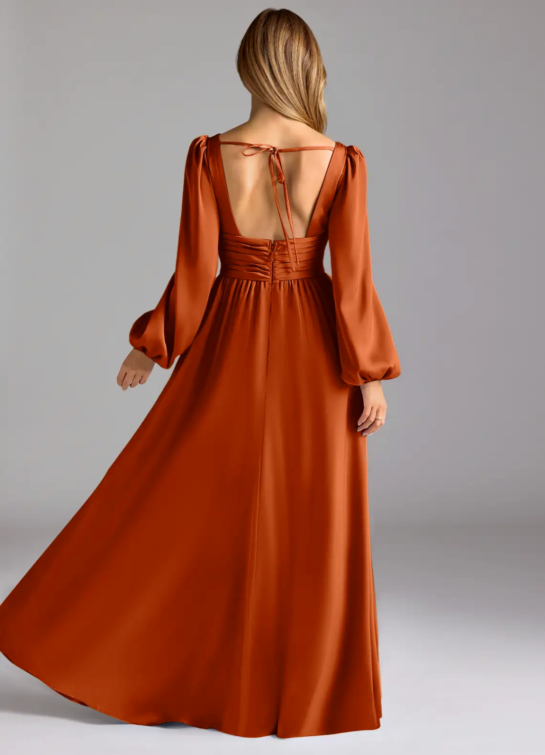 Empire Waist V-Neck Satin Open Back High Slit Floor-Length Wedding Dress - Chloe Dress
