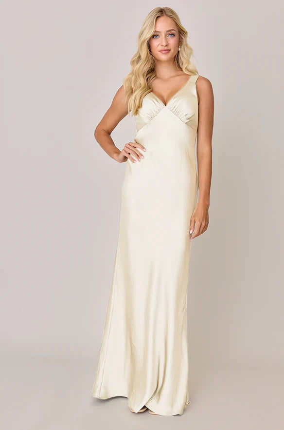 Champagne V-Neck Satin Floor-Length Wedding Dress - Chloe Dress