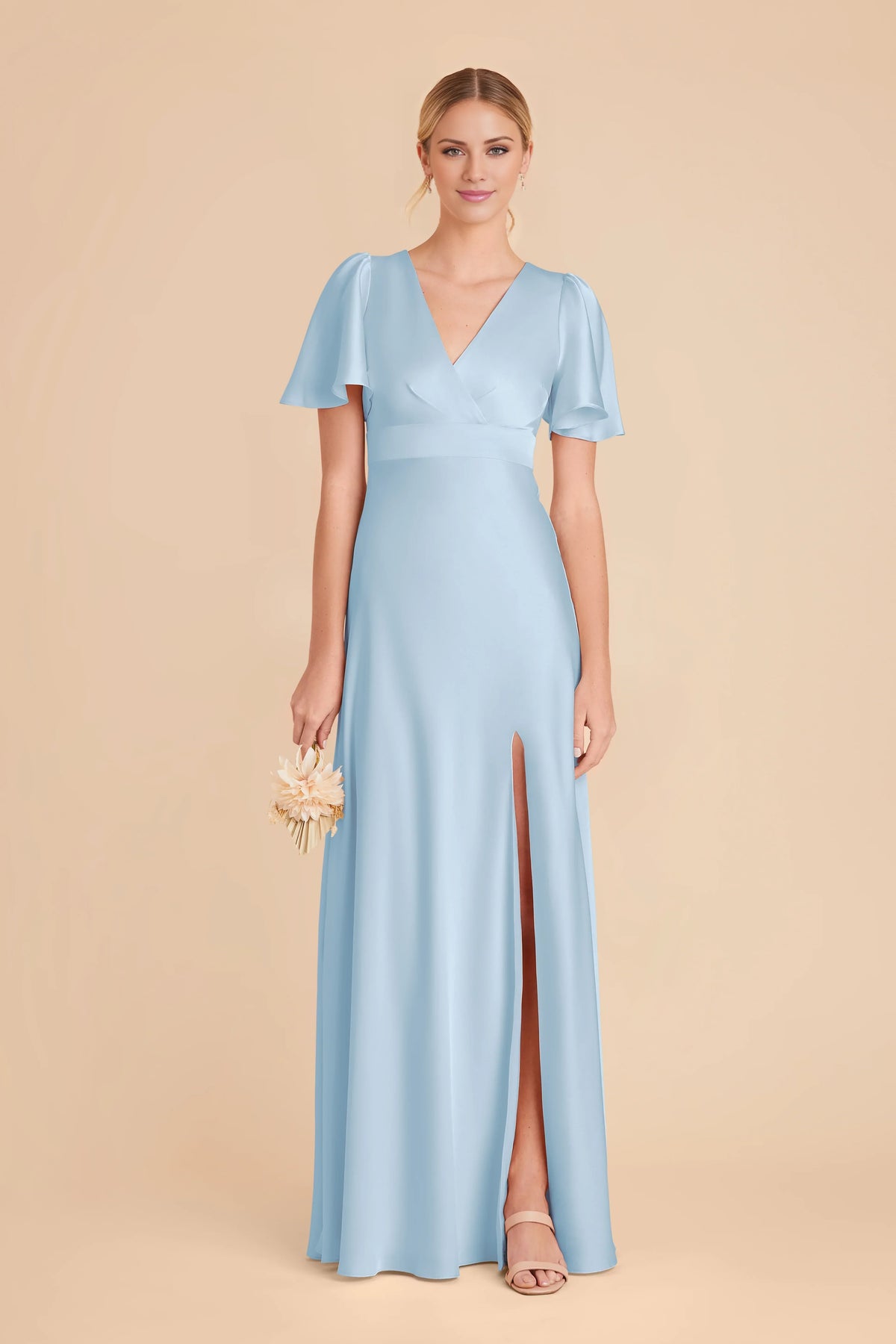 Sky Blue V-Neck Satin High Slit Floor-Length Wedding Dress - Chloe Dress