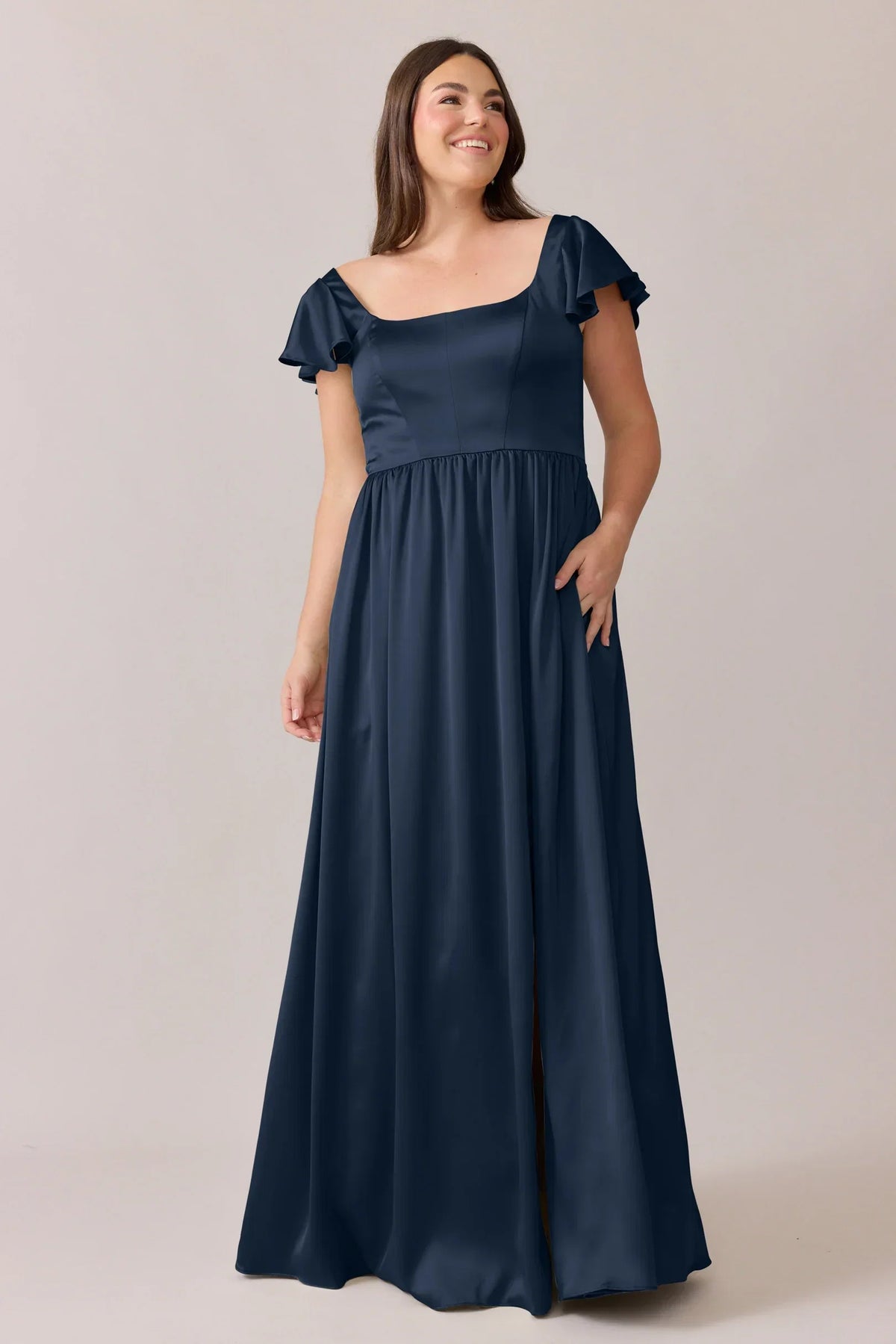 A-Line Square Neck Satin Cap Sleeve Ruffled Wedding Dress - Chloe Dress