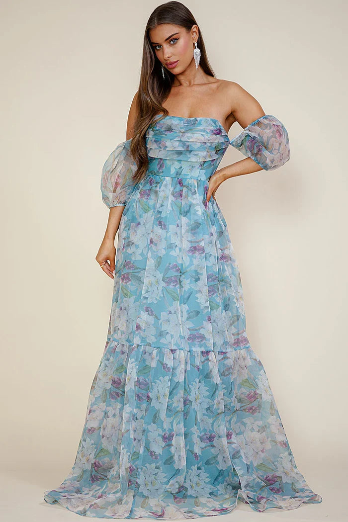 A-Line Off-Shoulder Chiffon Puff Sleeve Tiered Floor-Length Prom Dress - Chloe Dress