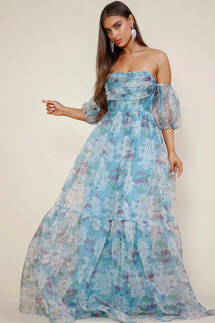 A-Line Off-Shoulder Chiffon Puff Sleeve Tiered Floor-Length Prom Dress - Chloe Dress