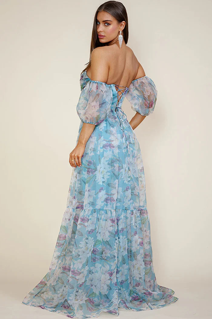 A-Line Off-Shoulder Chiffon Puff Sleeve Tiered Floor-Length Prom Dress - Chloe Dress