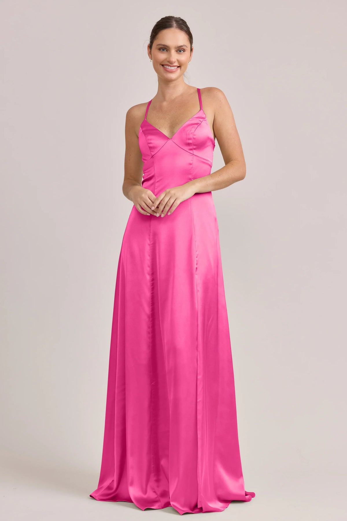 Hot Pink V-Neck Satin High Slit Floor-Length Wedding Dress - Chloe Dress