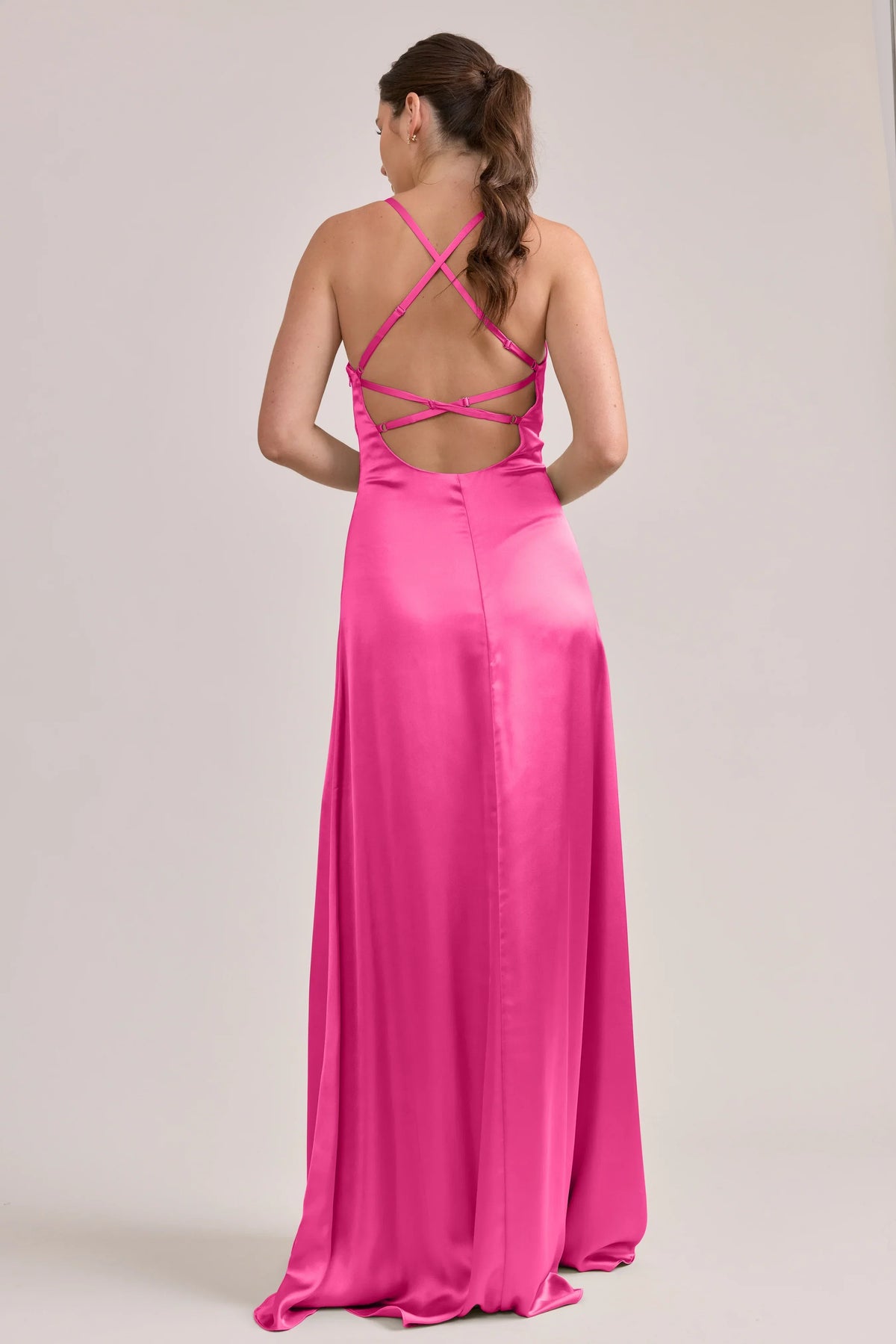 Hot Pink V-Neck Satin High Slit Floor-Length Wedding Dress - Chloe Dress