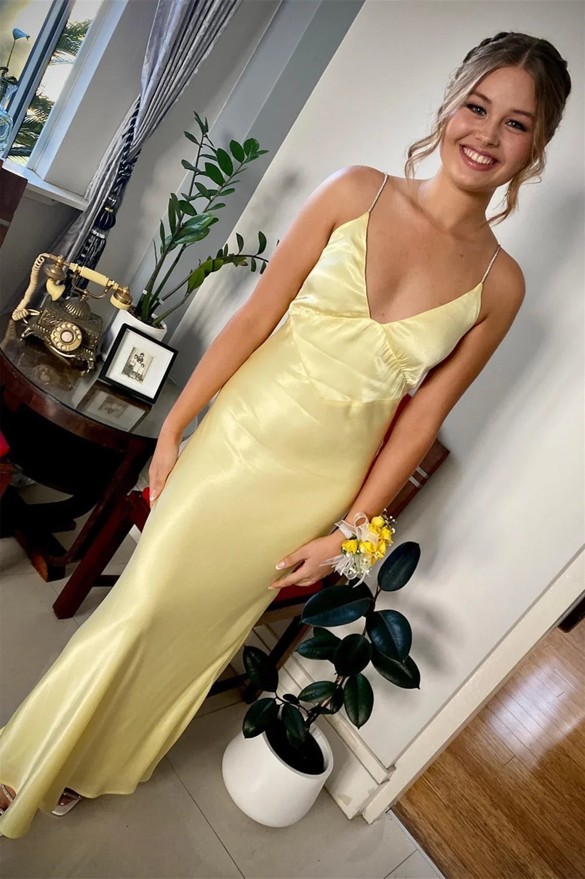 Yellow Mermaid V-Neck Satin Open Back Prom Dress - Chloe Dress