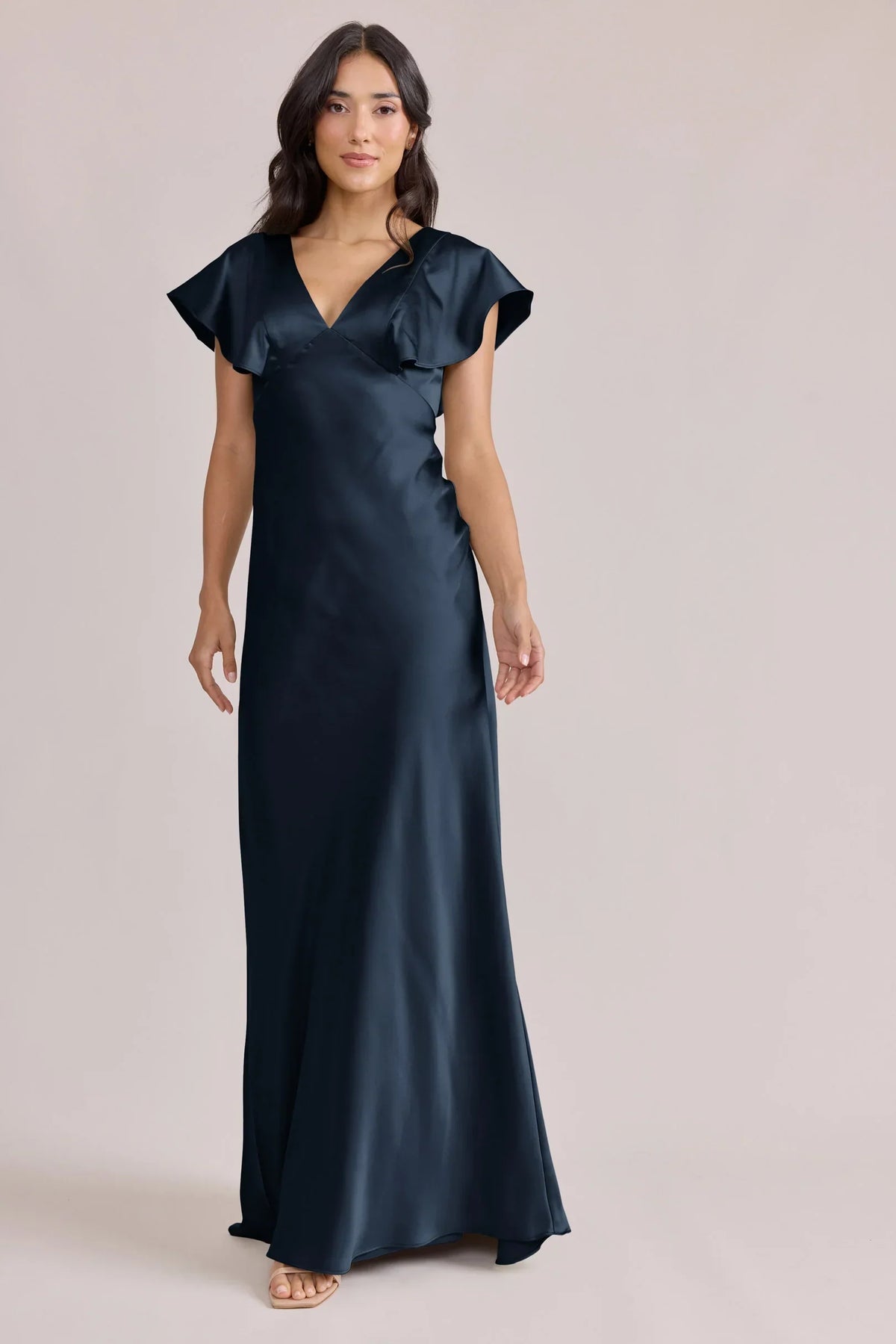 Navy Blue V-Neck Satin Open Back Ruffled Wedding Dress - Chloe Dress