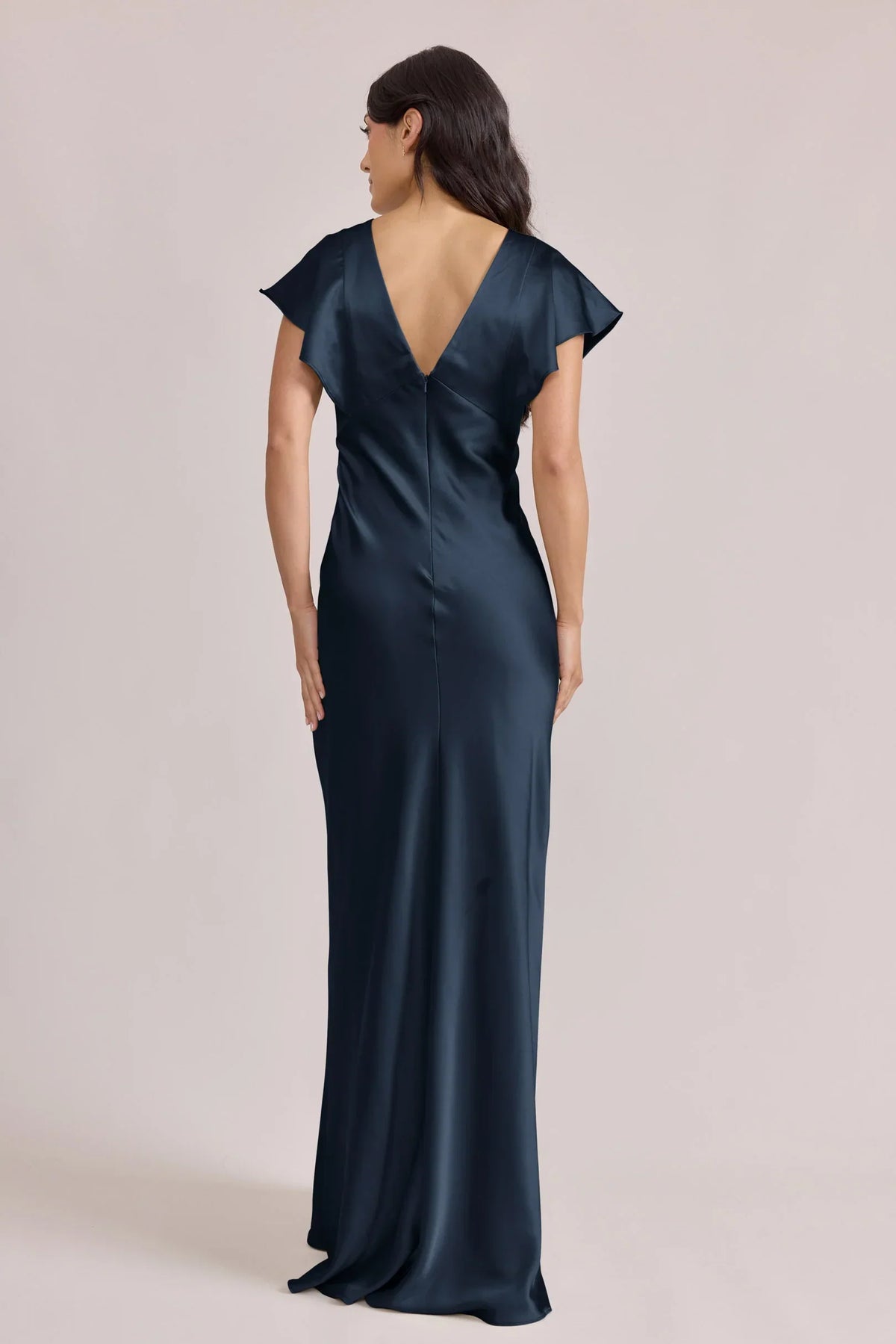 Navy Blue V-Neck Satin Open Back Ruffled Wedding Dress - Chloe Dress