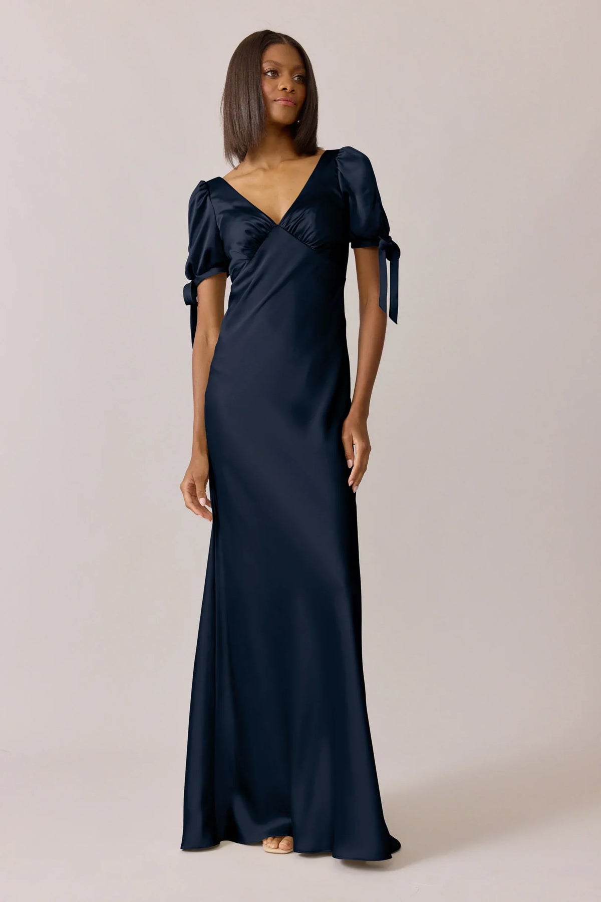 Mermaid V-Neck Satin Puff Sleeve Button Back Wedding Dress - Chloe Dress