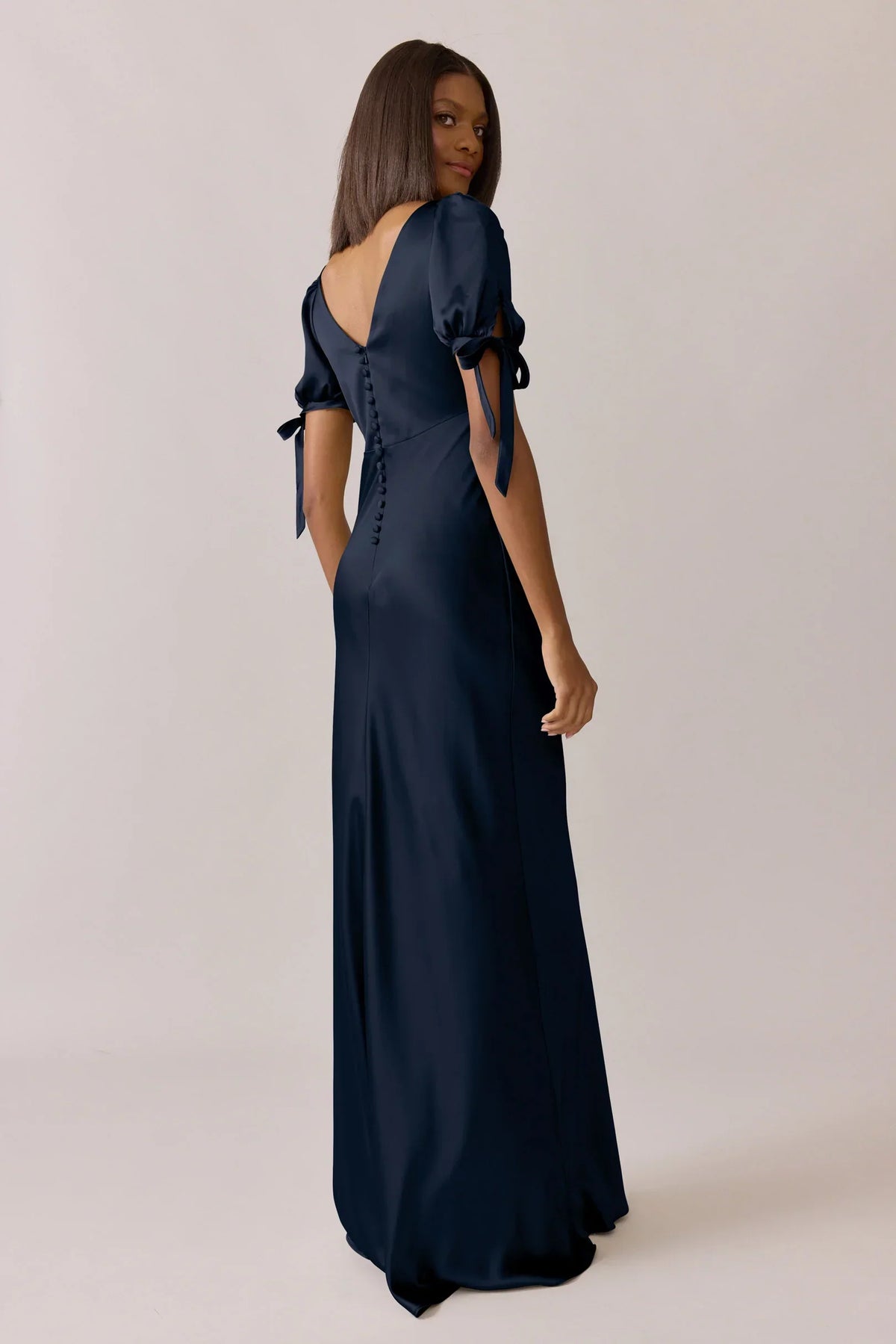 Mermaid V-Neck Satin Puff Sleeve Button Back Wedding Dress - Chloe Dress