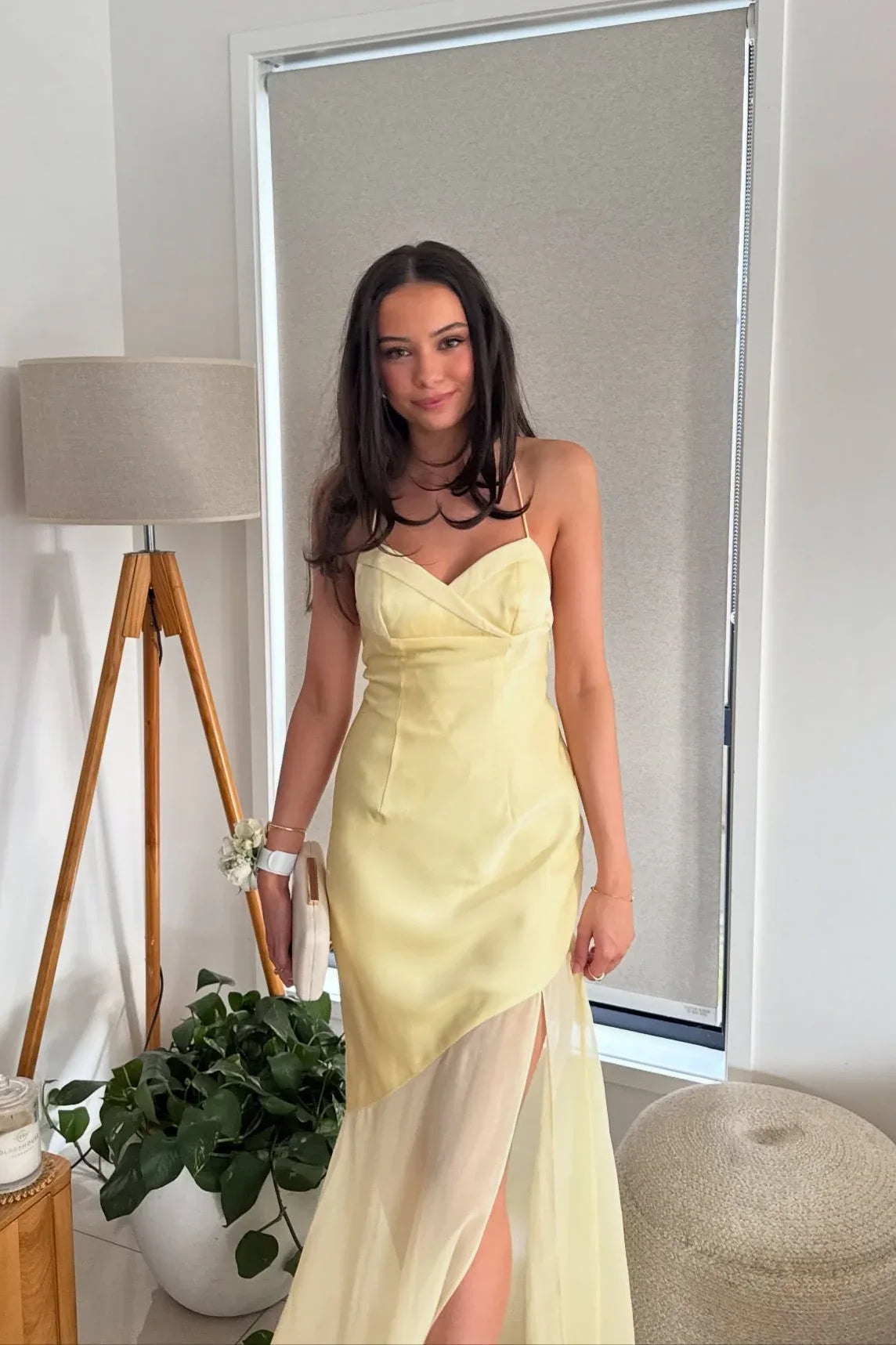 Yellow V-Neck Satin High Slit Prom Dress - Chloe Dress