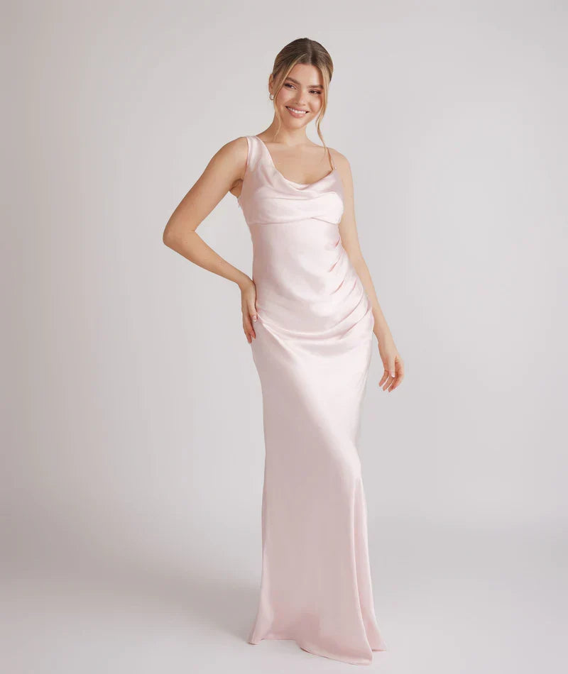 Blush Pink Bodycon Spaghetti Strap Satin Asymmetric Floor-Length Wedding Dress - Chloe Dress