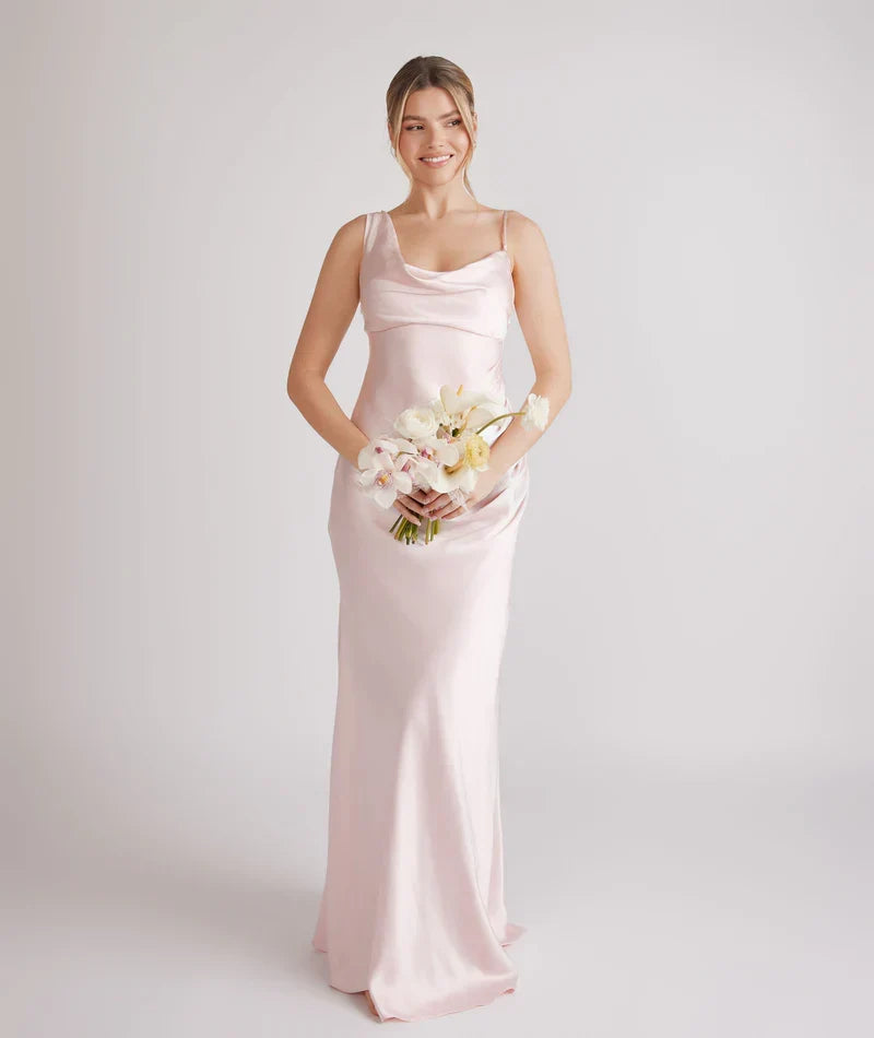 Blush Pink Bodycon Spaghetti Strap Satin Asymmetric Floor-Length Wedding Dress - Chloe Dress