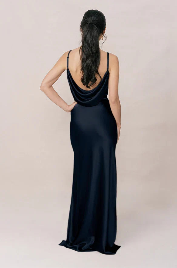 Navy Blue Spaghetti Strap Satin Open Back Wedding Dress - Chloe Dress