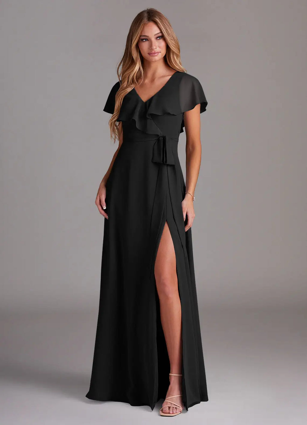 V-Neck Chiffon High Slit Floor-Length Wedding Dress - Chloe Dress
