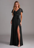 V-Neck Chiffon High Slit Floor-Length Wedding Dress - Chloe Dress