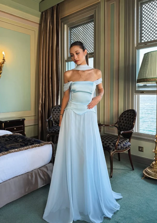 A-Line Off-Shoulder Draped Floor-Length Evening Dress - Chloe Dress
