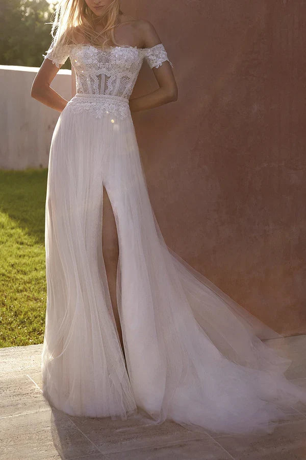 Off-Shoulder Lace Short Sleeve Mini Wedding Dress - Chloe Dress