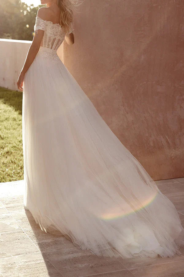 Off-Shoulder Lace Short Sleeve Mini Wedding Dress - Chloe Dress