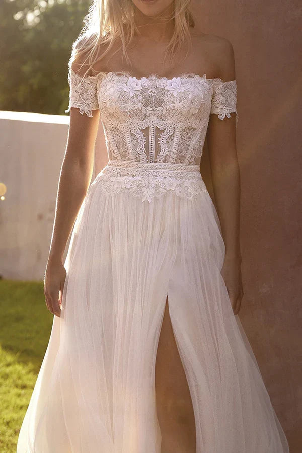 Off-Shoulder Lace Short Sleeve Mini Wedding Dress - Chloe Dress