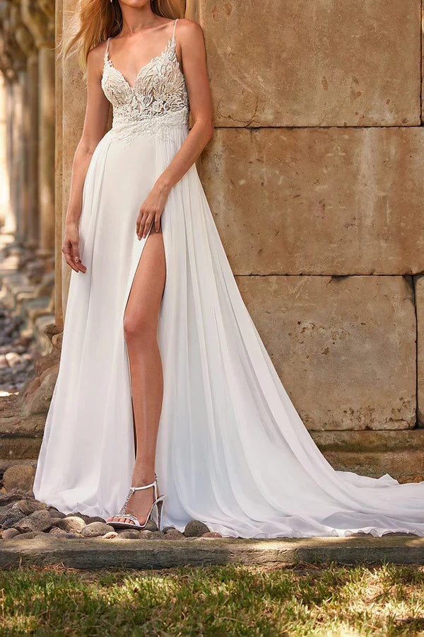 A-Line V-Neck Lace High Slit Wedding Dress - Chloe Dress