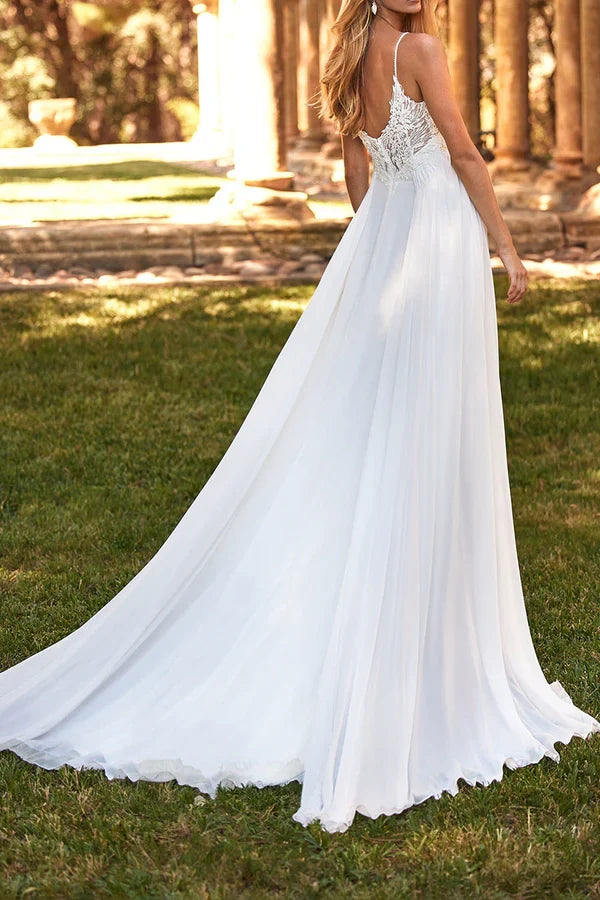 A-Line V-Neck Lace High Slit Wedding Dress - Chloe Dress