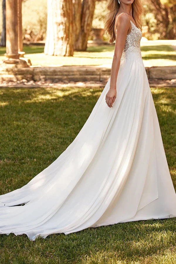 A-Line V-Neck Lace High Slit Wedding Dress - Chloe Dress