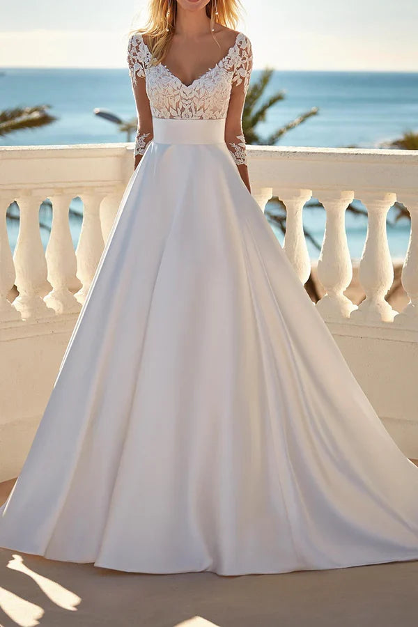 V-Neck Satin Three-Quarter Sleeve Wedding Dress - Chloe Dress